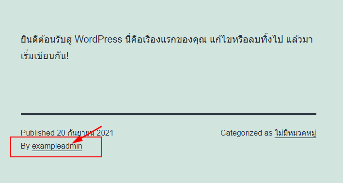 รูปภาพแสดงตัวอย่างหน้าจอ ที่แสดงชื่อ admin ผู้เขียนบทความ